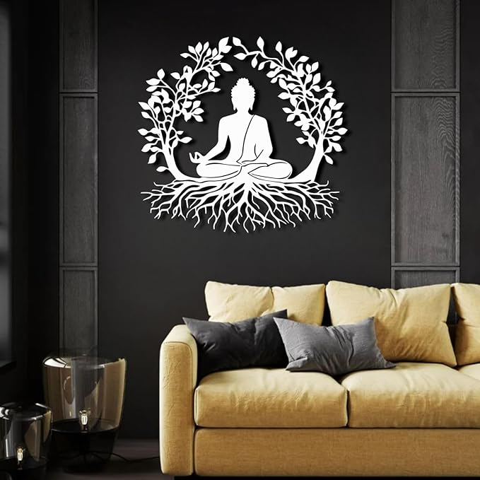 ENJOYOO Tree of Life and Buddha Metal Wall Decor, Tree of Life Wall Art, Buddha Metal Wall Art for Living Room, Bedroom, Outdoor (White, 24×22in/60×56cm, metal wall art)