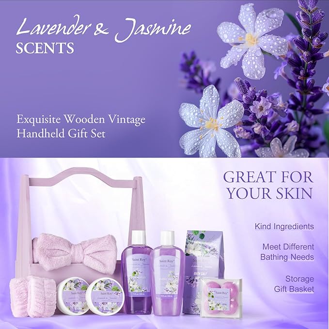 Spa Gift Basket for Christmas Gifts - 13 Pieces Lavender Jasmine Bath & Body Care Kit for Women, Holiday Gift for Mothers Day, Valentine's Day, Self Care Pampering Gifts, Birthday Gifts
