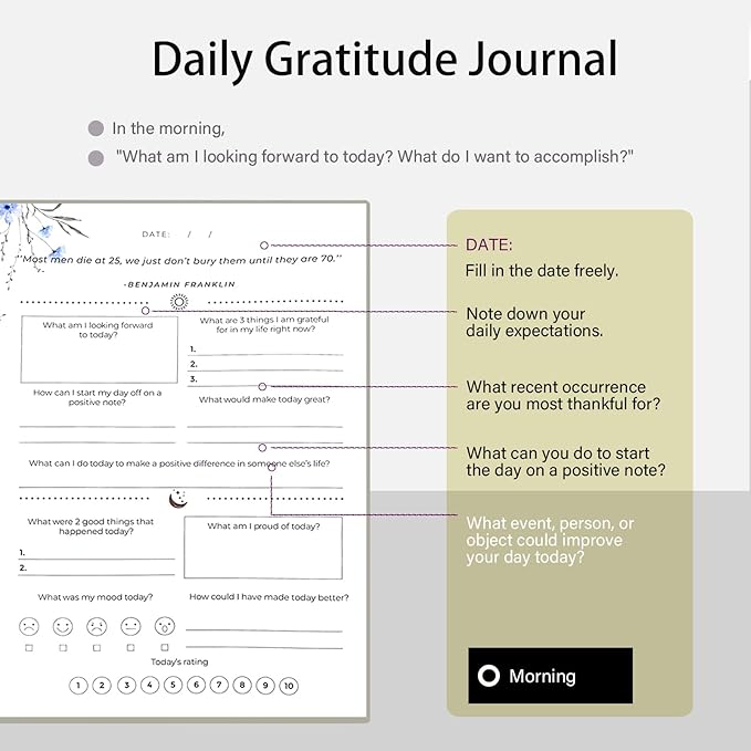 Gratitude Journal with 6 Inspirational Stickers and Pencil, Daily Reflection Journal for More Happiness, Mindfulness & Affirmation, Self Care Journals for Women & Men,Grey