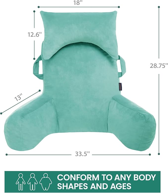 Portable Reading Pillows with Headrest for Bed Sitting Up(Lake Blue Oeko-Tex), Velvet Back Pillow with Arms & Pockets for Adults, Support Memory Foam Bed Pillow for Dorm/Watching/Gaming