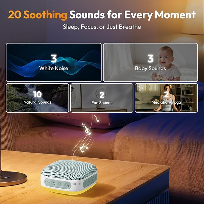 Portable Sound Machine for Travel, White Noise Sound Machine for Sleeping, 52-Hour Lasting Mini Noise Machine with 21 Quality Non-looping Sounds, Headphone Jack, Memory, Timer for Adults,Hotel(Green