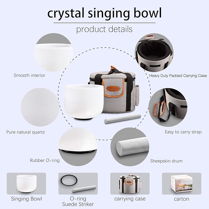RYAN DVAN 8” A Note Frosted Third Eye Chakra Crystal Singing Bowl with Sound Bowl Case and Suede Striker for Promotes Peace Chakra Healing and Mindfulness