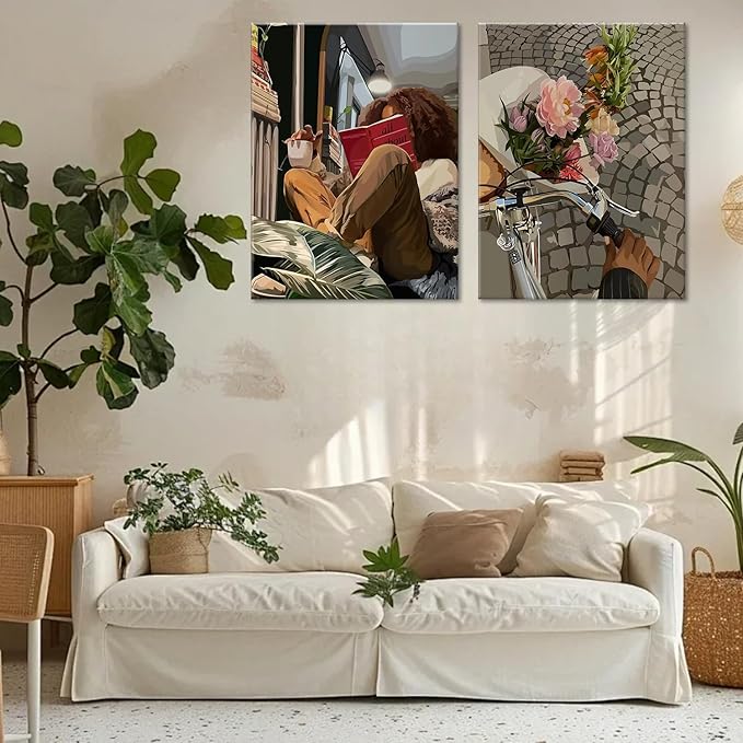 Modern African American Women Wall Art Set of 2,Cozy Reading & Bike Ride with Flowers Painting Canvas Prints,black woman Vintage Aesthetic Poster for Living Room, Bedroom, Office, Framed 16X24in