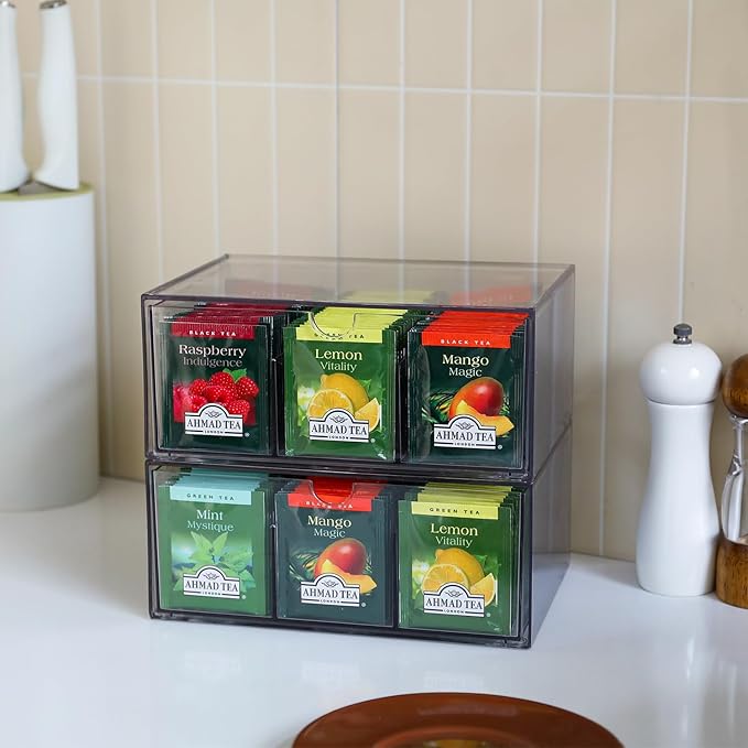 2 Large Acrylic Tea Bag Organizer, 9 Grids Tea Organizers and Storage with Acrylic Drawers Stackable, Teabag Holder Organizer for Counter Countertop Kitchen Cabinet