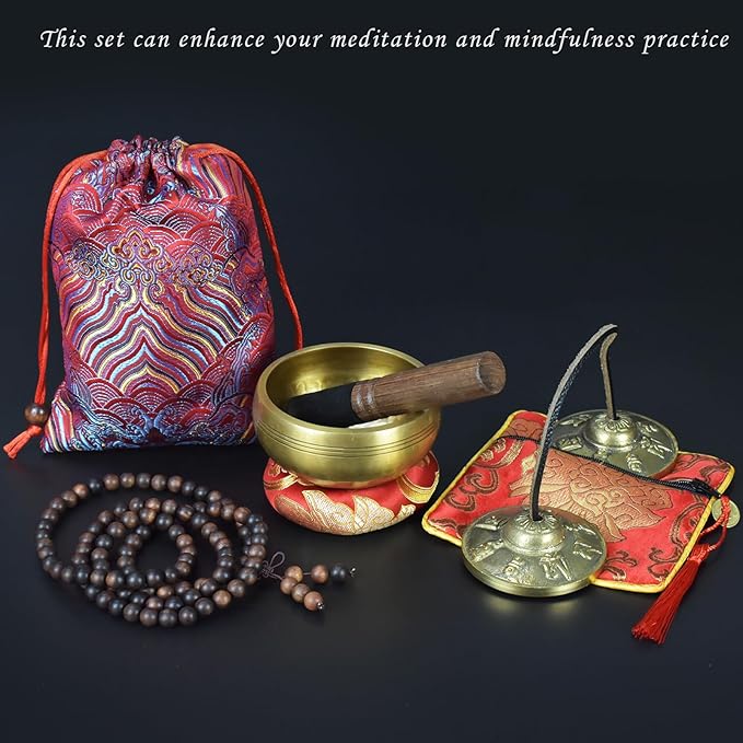 Artcome 7PCS Tibetan Meditation Set - Tibetan Singing Bowl & Tibetan Tingsha Cymbals Bells Handmade in Nepal for Meditation, Yoga, Tranquility, Relaxation, Chakra Healing, Stress Relief & Mindfulness