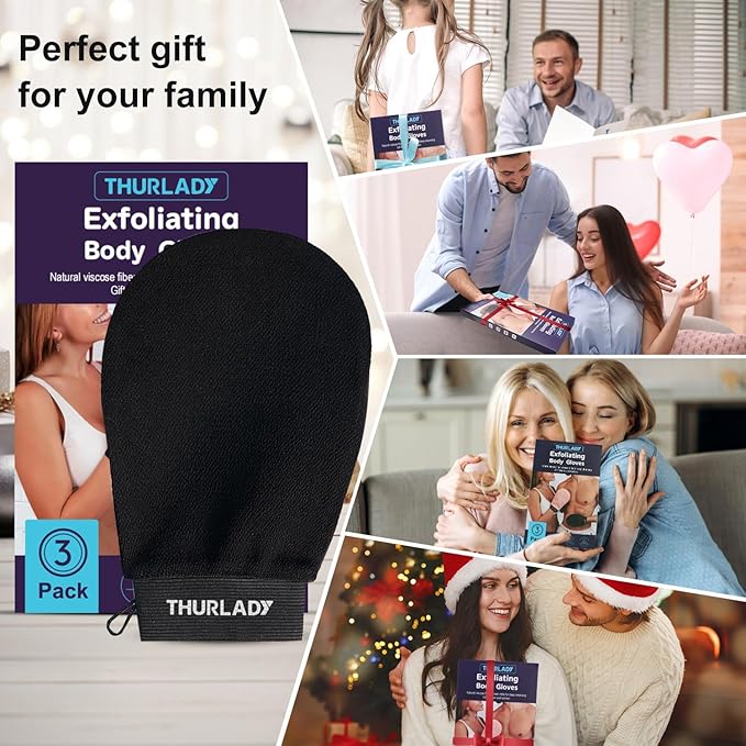 Korean Exfoliating Mitt, Exfoliating Glove, 3 Pack Viscose Fiber Body Scrub Gloves, Dead Skin Remover for Smoother Skin, Self-Tan Prep and Removal, Blue White Black