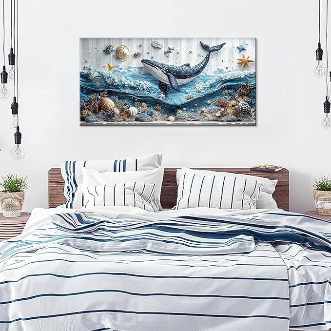 ZESTRILIA Ocean Whale Wall Art for Kids Room Navy Blue Marine Organism Underwater World under the Sea Canvas Painting Prints Artwork Family Living Bedroom Decor Large (46x23 Inches)