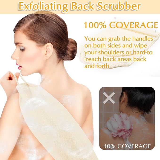 Anezus Exfoliating Back Scrubber Bath Gloves Set, Exfoliating Shower Towel with Shower Gloves for Body Scrub, Back Cleaner Wash Gloves to Remove Dead Skin (Beige)