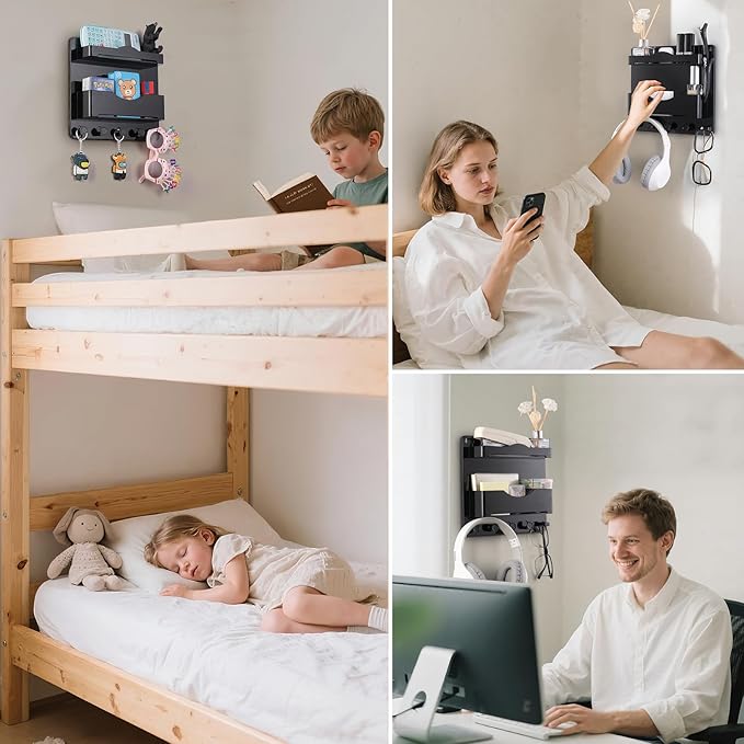 JUMEIHUI Bedside Wall Shelf with Glasses Hooks ,Adhesive Bedside Organizer Wall Mount for Dorm and Room Accessories Phone,Remote,Earphone, Kindle (Black)