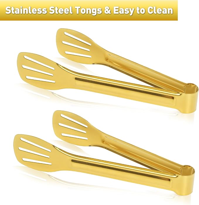 JCREN Serving Tongs - 6 Pack Stainless Steel Buffet Tongs, Gold, 7 Inch