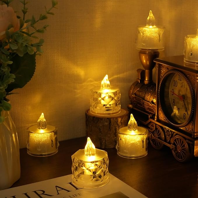 24 Pack Flameless Tea Lights Battery Operated, Crystal LED Tealight, Votive Fake Candles for Valentines Wedding Decorations