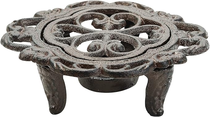 Sungmor Cast Iron Teapot Warmer Dish Cups Heater Pot Trivet - Rustic & Graceful Pattern Design with Tealight Holder - Heavy Duty & Decorative Candle Holder Stands for Heat Food Coffee Milk or Tea