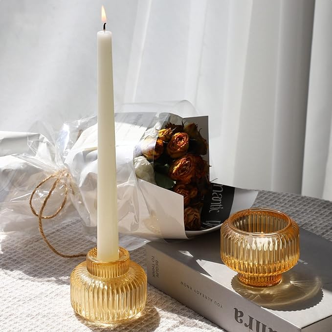 Woho Gold Candle Stick Candle Holder Set of 8, Votive Candle Holders for Wedding Party Table, Ribbed Glass Taper Candle Holders for Birthday Christmas Decor