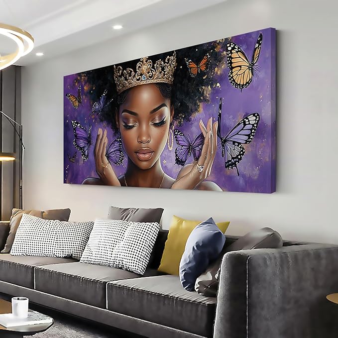 ZESTRILIA African American Wall Art for Girls Room Purple Black Butterfly Canvas Painting Prints Artwork Living Bedroom Office Decor Large (46x23 Inches)