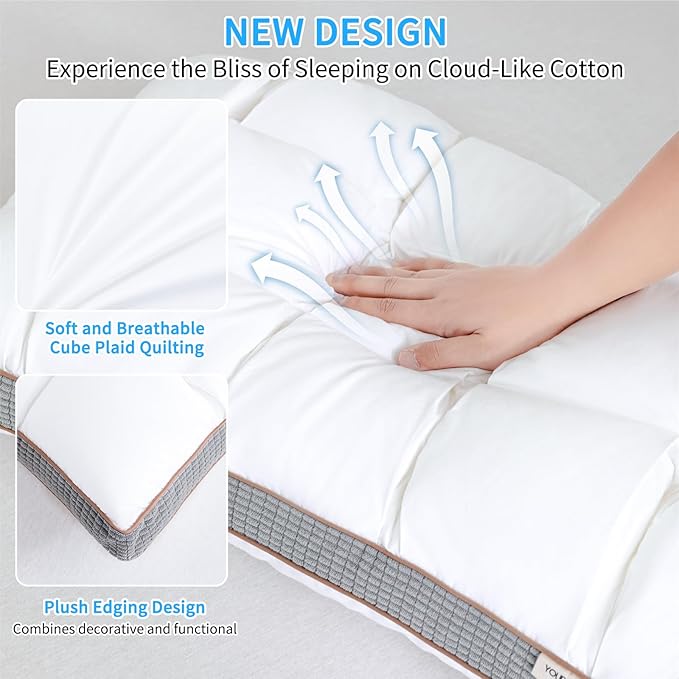 YOUR MOON Soft Pillow Queen for Sleeping, Super Soft Support Down Alternative Pillow, 100% Cotton Shell Luxury Comfy Fluffy Bed Pillows for Sleep(White)