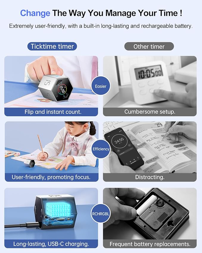 Ticktime Pomodoro Timer Cube, Hexagon Productivity Timer, Pause & Resume, Silent, Vibrate & Adjustable Sound Alert, for ADHD, Task, Work, Study, 5/15/25/30/45/60min & Custom Countdown, Silver