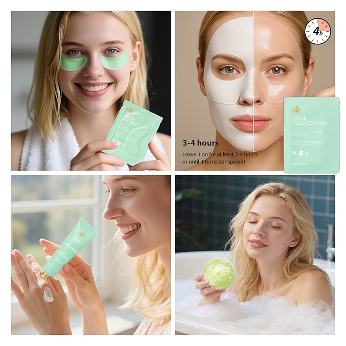 Tea Tree Women Collagen Face Sheet Mask Skin Care Gift, 33 Pcs Self-Care Relaxation Set, Under Eye Patch, Necklace, Lip Gloss, Bath and Body Kit, Face Serum, Christmas, Mother Day, Birthday Present