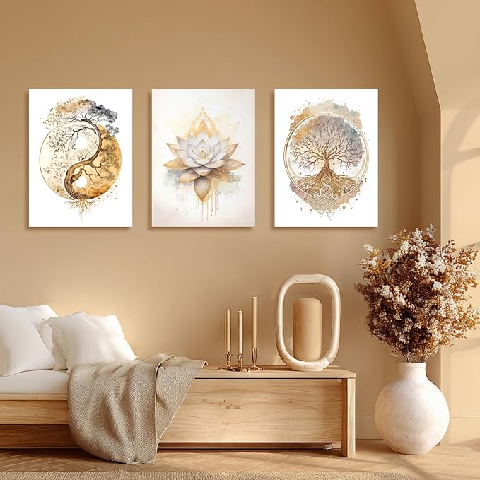 GELDSTEI Tree of Life Wall Art, Calming Zen Wall Decor, Abstract Yin Yang Tree Canvas Painting, Modern Gold Lotus Flower Meditation Poster Print for Living Room Yoga Room Bedroom Framed 16"x24"x3
