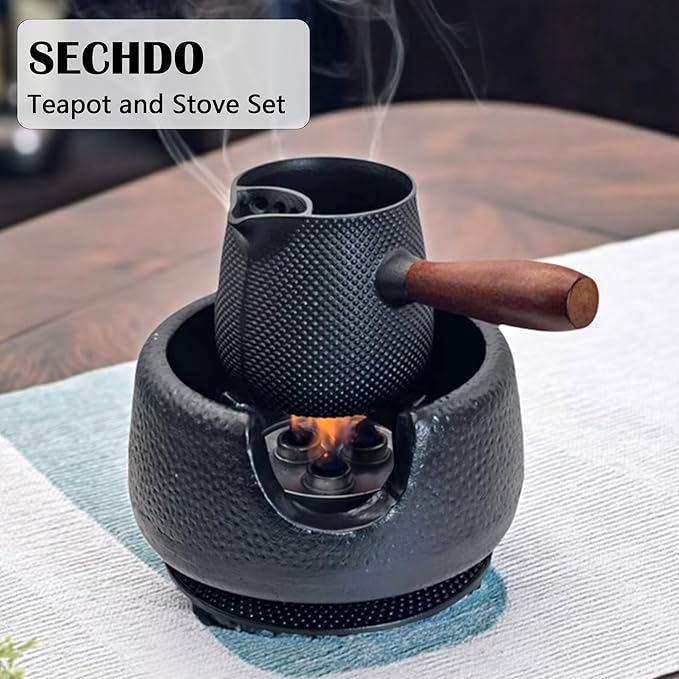 Cast Iron Teapot Warmer with Candle, Small Heavy Charcoal Stove for Tea Pot, Tea Kettle Warmer Set with Trivet, Barbecue Grill, Hibachi with 18/8 Stainless Steel Mesh