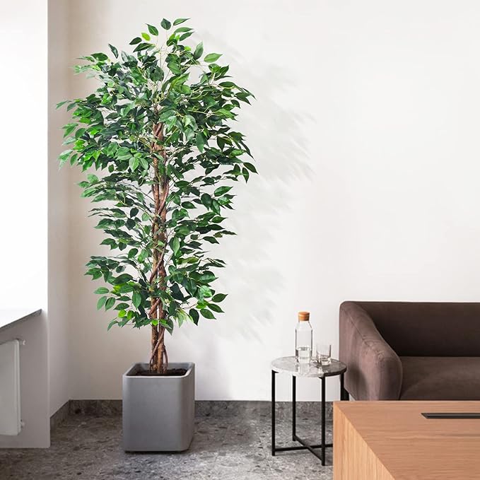 Artificial Ficus Tree 5FT Faux Silk Plants with Sturdy Plastic Nursery Pot,Fake Ficus Trees for Home Office Farmhouse Indoor Outdoor Decor Perfect Housewarming Gift (5FT-1Pack)