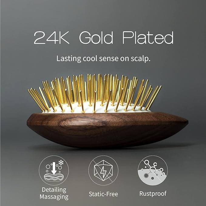 Uffy Acubrusher – 24K Gold-Plated Gua Sha Hair Brush - Ergonomic Scalp Massager for Dandruff & Hair Growth, Suitable for All Hair Types - Ideal Gift Choice in Beech Wood