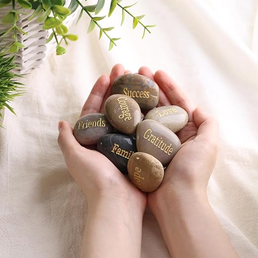 BigOtters Engraved Inspirational Stones, 10 Different Words Encouragement Amulets Gift Stones for Friends and Family as Meditation Decorations Birthday or Holiday Graduation Gift