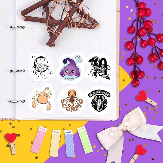 BulbaCraft 100Pcs Laptop Stickers Scorpio (Zodiac) for Water Bottle and Laptop - Scorpio Party Favors & Decorations, Waterproof Vinyl Astrology Decals, Gifts for Women & Men