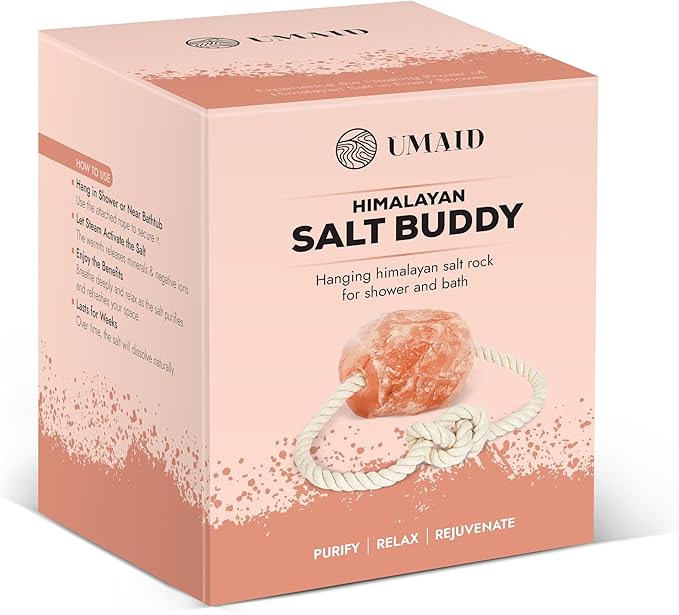 UMAID Himalayan Bath Salt Buddy™ 4 lb Hanging Himalayan Rock Salt for Bath & Shower – Himalayan Stone for Relaxation – 2025 Holiday Edition, Unique Gifts for Men, Women & Couples, White Elephant Gift
