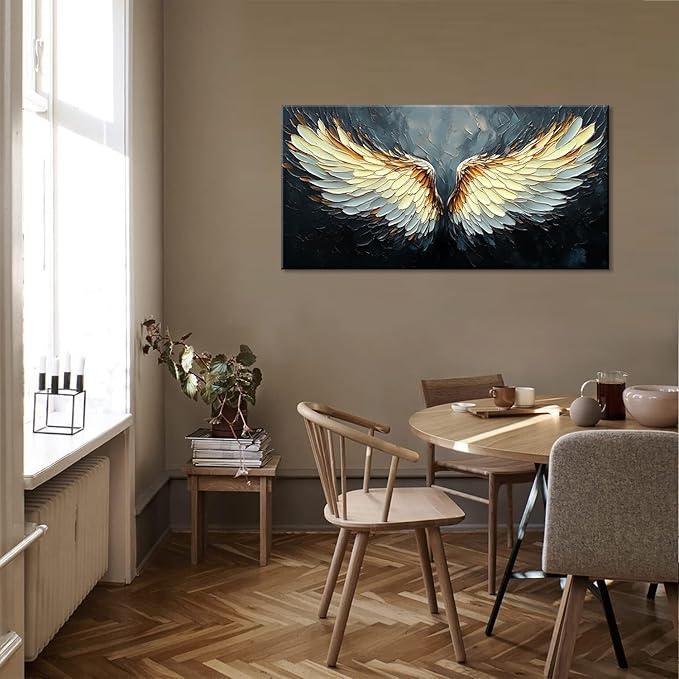 ZESTRILIA Angel Wings Wall Art for Girls Room Gold Gray Canvas Oil Painting Prints Modern Abstract Fantasy Anime Artwork Living Bedroom Office Decor (30x16 Inches)