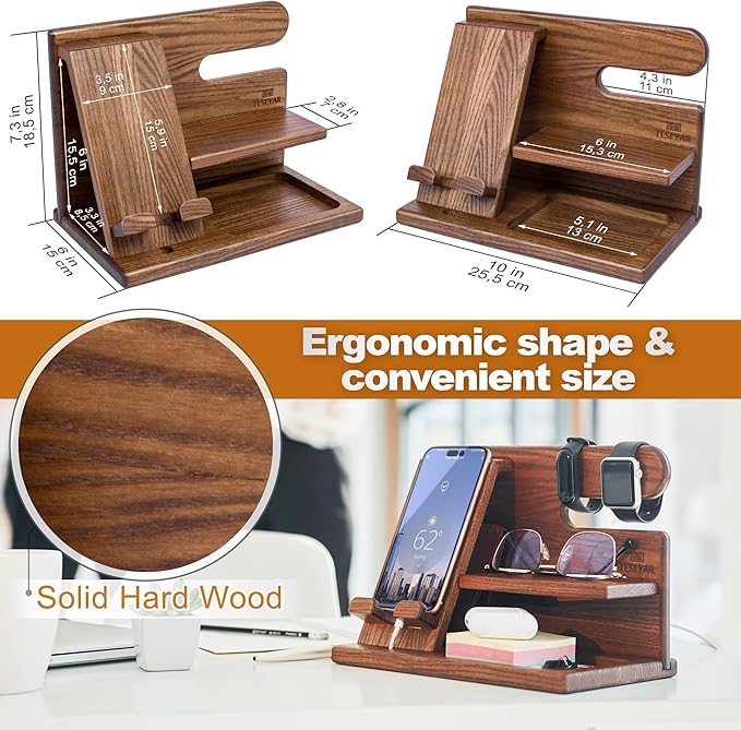 TESLYAR Wood Phone Docking Station Ash Key Holder Wallet Stand Watch Organizer Men Christmas Gift Husband Wife Anniversary Dad Birthday Nightstand Purse Father Graduation Male Idea Gadgets (Beige)