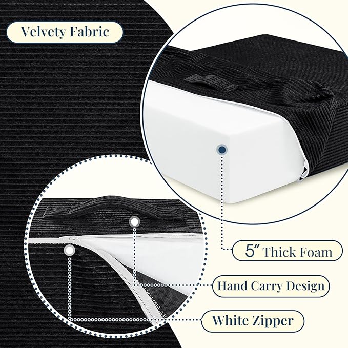 Wellsin Solid Square Floor Pillows for Adults Kids - Large Meditation Floor Pillow Seating Cushion with Thick Foam & Washable Velvet Cover, 2 Pack, 22x22x5 Inch, Black