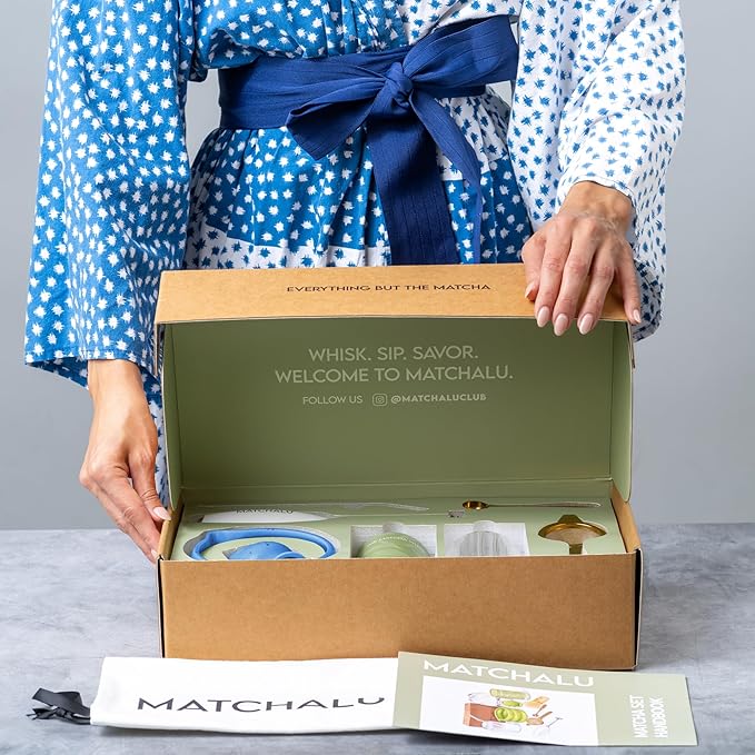 Matcha Whisk Set With Ceramic Matcha Bowl, Bamboo Whisk & Holder, Stainless Steel Spoon & Sifter, Glass Cup & Straw, Electric Frother, Storage Bag - Gift for Matcha Lovers (Premium 9-Piece Set Blue)