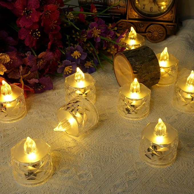 12 Pack Crystal LED Tea Light Candles, Battery Operated, Flameless, Kids & Pets Friendly, Long Battery Life, Modern Design for Decoration, Wedding, Party, Dating, Festival Celebration, Dinner