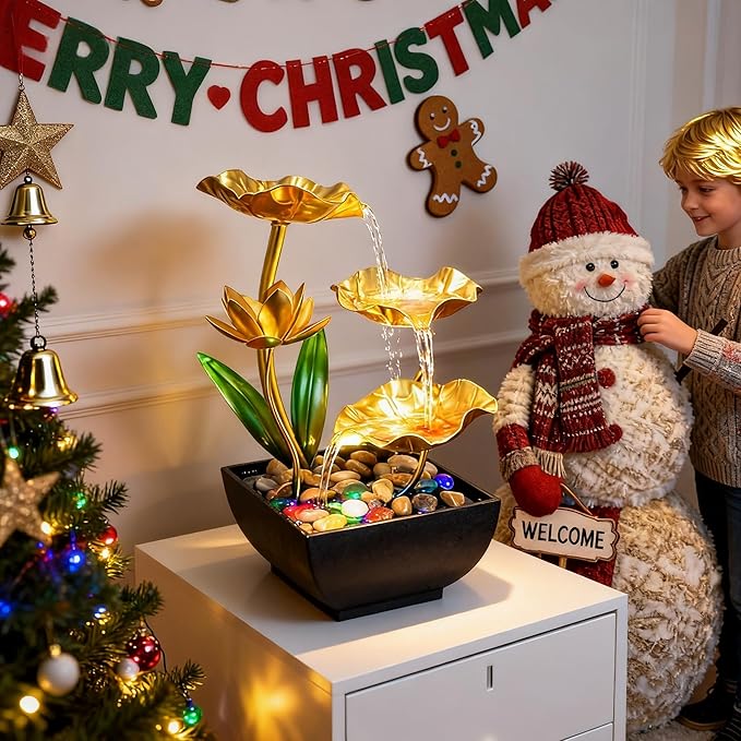 Gold Tabletop Water Fountain, Desktop Waterfall, Indoor Lotus Desktop Decorative Fountain, Home Bathroom Bedroom Decor.Thanksgiving Gift