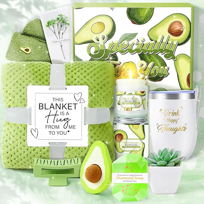 Avocado Self Care Package for Women-12PCS Avocado Themed Birthday Box for Woman Get Well Soon Gift for Women Relaxing Spa Gifts Basket Care Package with Luxury Flannel Blanket