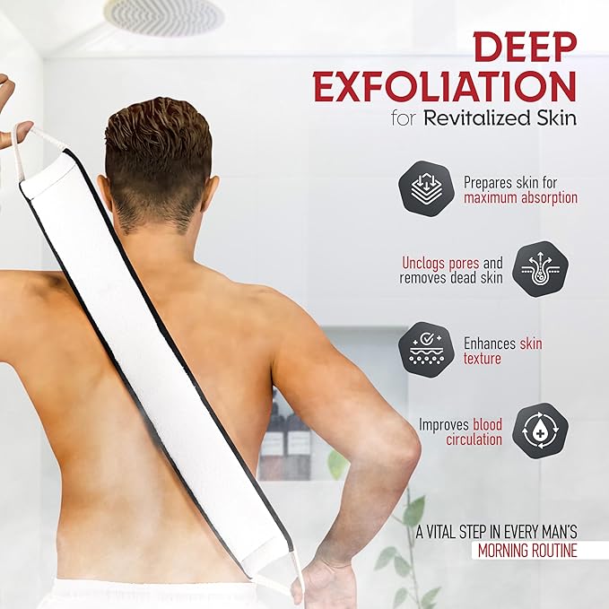 Sturdy Natural Loofah Back Scrubber for Shower for Men, Egyptian Loofah Body Scrubber Exfoliator and Washer for Men to Clean Your Back Deeply Like an Exfoliating Washcloth- 1 Count (1 Pack) - Black