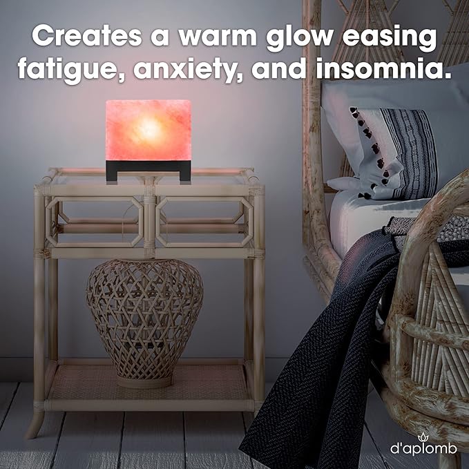 d'aplomb 100% Authentic Natural Himalayan Salt Lamp;Hand-Carved Modern Rectangle Rare Pink Crystal Rock Salt from The Himalayan Mountain; Footed Wood Base, Dimmer Cord; 11.5 lbs