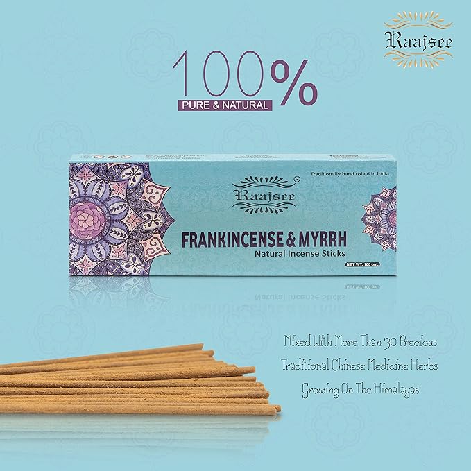 Raajsee Frankincense & Myrrh Incense Sticks, 100%-Natural Charcoal Free Organic Non Toxic Clean Burning Handmade Insence Sticks 100 gm Pack, Meditation Gifts – Spritual Cleansing