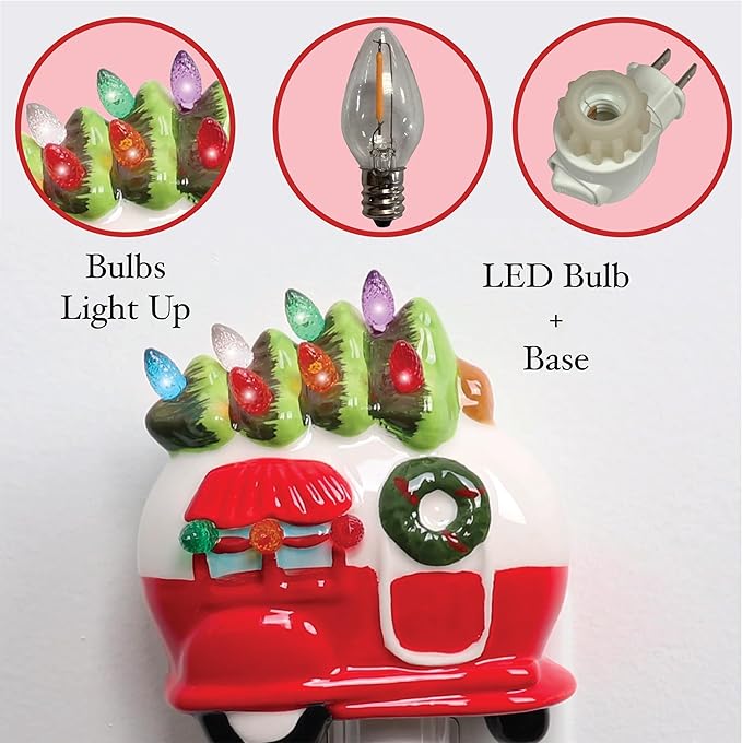 Milltown Merchants Ceramic Night Light - Plugin Vintage Tree with Lights - Mini Decorative Tree (Camper)