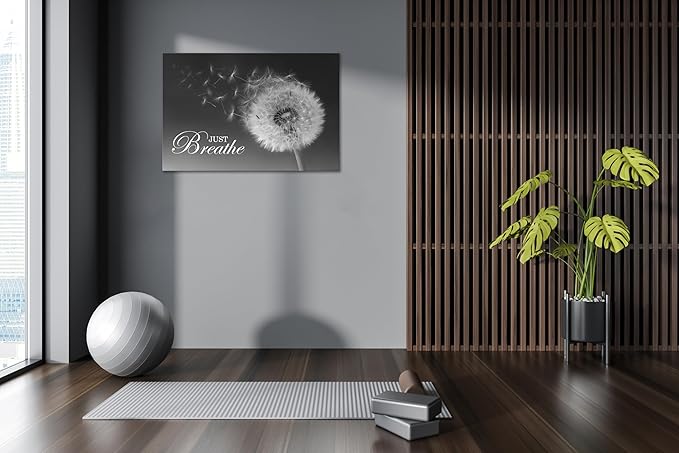 SKASNFAI Just Breathe Wall Art Zen Office Wall Decor Inspirational Yoga Quotes Positive Relax Artwork Picture Black and White Dandelion Posters Print for Meditation Room (24L x 36W)