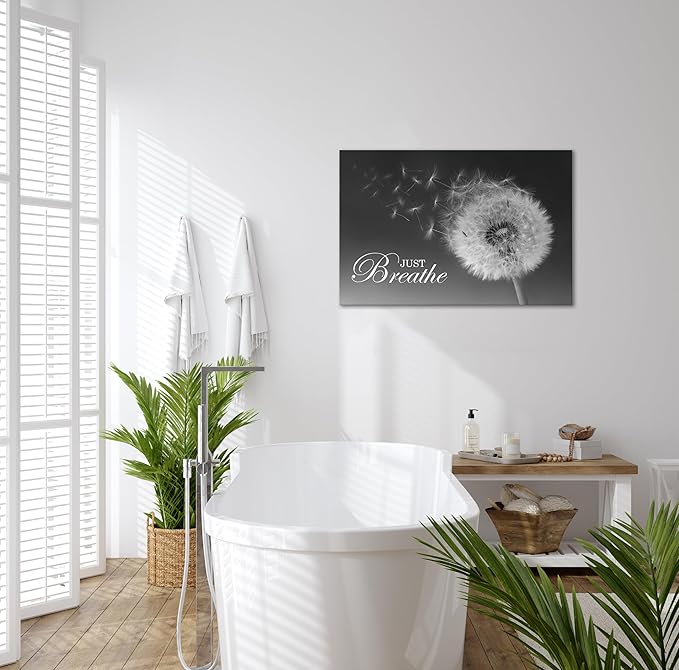 SKASNFAI Just Breathe Wall Art Zen Office Wall Decor Inspirational Yoga Quotes Positive Relax Artwork Picture Black and White Dandelion Posters Print for Meditation Room (20L x 30W)