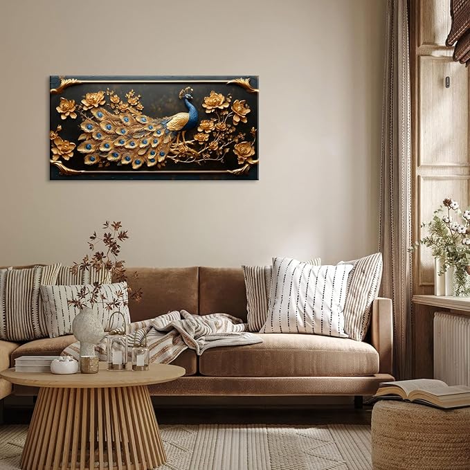ZESTRILIA Pretty Peacock Wall Art for Living Room Office Gold Country Rustic Retro Asian Canvas Painting Prints Golden Vintage Elegant Peackock Artwork Dining Bedroom Decor (30x16 Inches)