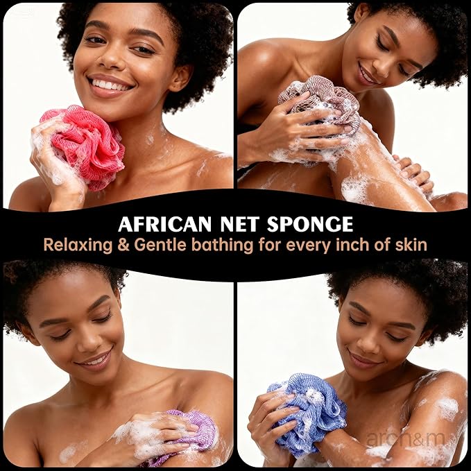 Authentic African Net Sponge Knots - Real African Bath Loofah Shower Sponges Afro Scrubber Body Scrubber Exfoliating Washcloth Africa Bath Sponges for Back Scrub Shower Accessories Pink by ARCH&M