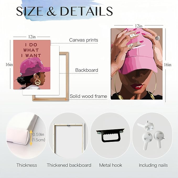 Black Girl Canvas Wall Art pink trend American Black Woman Posters Prints Wall Decor Pictures for Home Living Room Bedroom study Decoration,Framed12 x 16inches X3piece