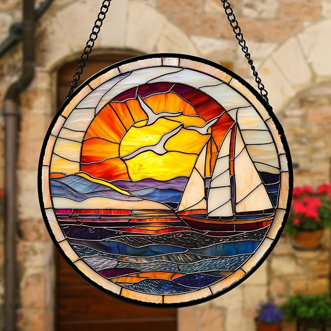 Stained Glass Window Hanging, Sun Ocean Sailboat Seagull Abstract Suncatcher Diamond Glass Panel Sun Catchers Decor for Birthday for Women, Men, Wife, Aunt, and Mom 11.8x11.8 in