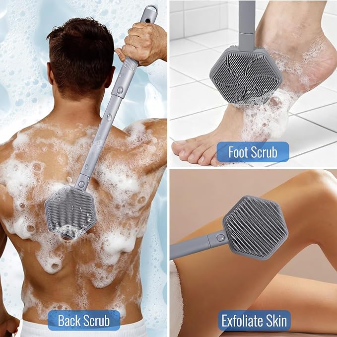 Silicone Back Scrubber for Shower – 21in Extendable Shower Brush with Long Handle – Dual-Sided Back Brush with Non-Slip Grip, Gentle Cleansing & Exfoliation for Men, Women, Elderly (Gray)