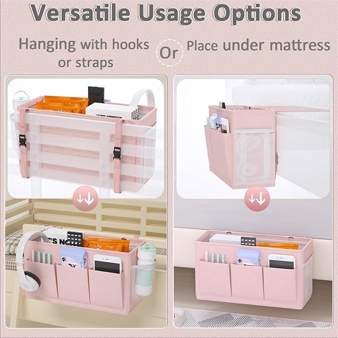 Dual-purpose Bedside Caddy Bedside Organizer, Bed Caddy with 6 Pockets, Versatile Bedside Storage Solution Magazine Remotes holder, ideal for Home, Dorm, Hospital, Crib Bed (Pink 2pcs)