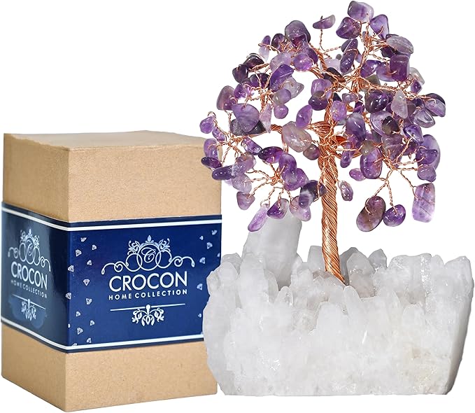 Amethyst Crystal Tree of Life with White Aura Base โ Gemstone Tree for Shelf & Home Bedroom Decor โ Crystals and Healing Stones, Cute Purple Birthday Gifts & Housewarming Gifts for Women Mom Sister