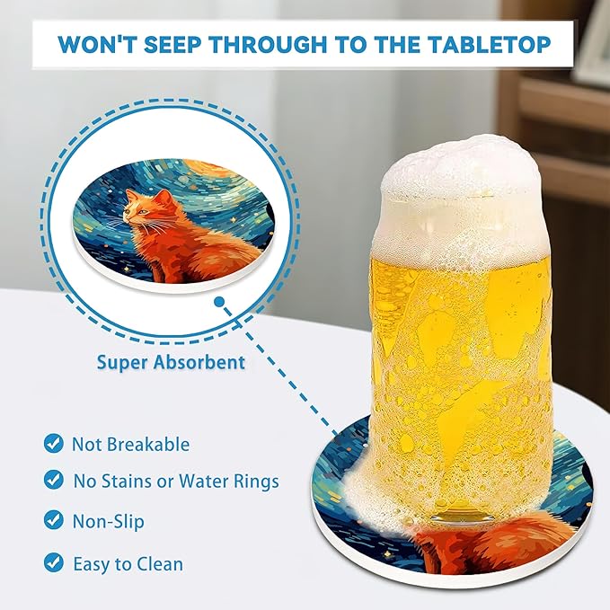 Starry Night Cat Coasters Set of 4, Round 4" Absorbent Ceramic Stone Coasters with Cork Base, Cute Table Home Decor, Ideal Gifts for Women Men