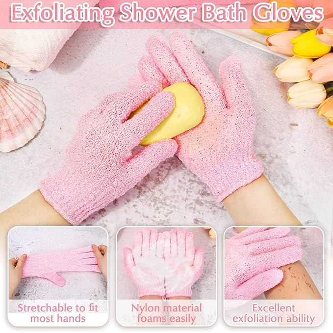 Anezus Exfoliating Shower Bath Gloves Back Scrubber Set for Body, Face, Shower, Bath, Scrub and Exfoliator (Pink)